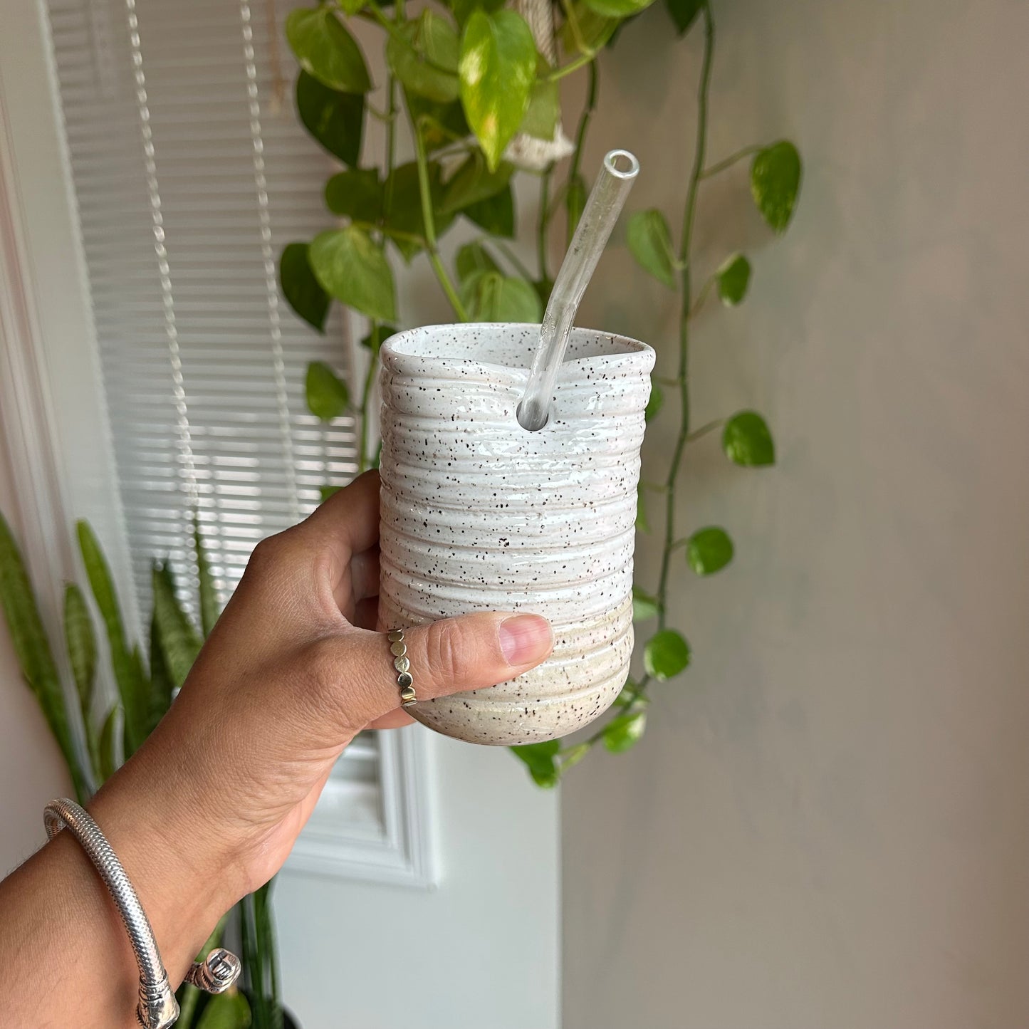 Ribbed White Pottery Tumbler