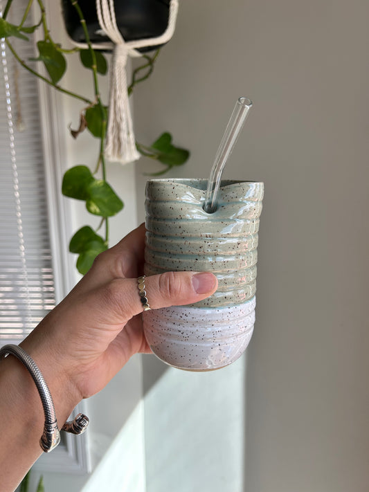 Ribbed Green/White Pottery Tumbler